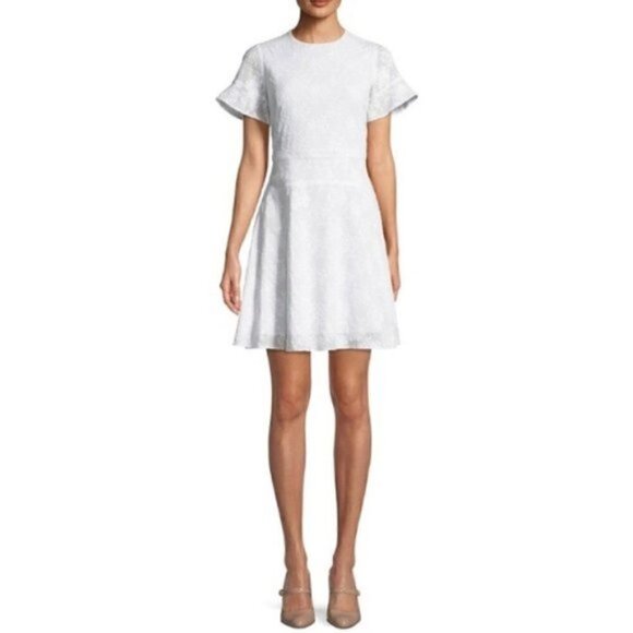michael michael kors Dress L Eyelet Puff Sleeve White Cocktail Event Bridal Trip - Picture 1 of 12